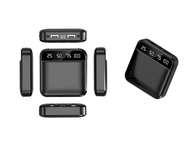 promosyon siyah powerbank altı farklı açıdan, dijital gösterge paneliyle