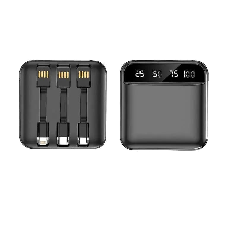 promosyon iki siyah powerbank, biri üç kablolu diğeri dijital göstergeli