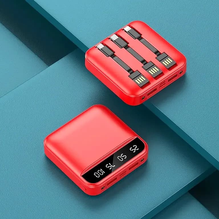 promosyon iki kırmızı powerbank, gömülü kablolar ve dijital göstergeli