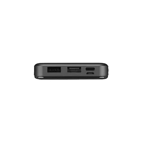 promosyon siyah powerbank, yandan profil çekiminde USB çıkış portları, beyaz fon