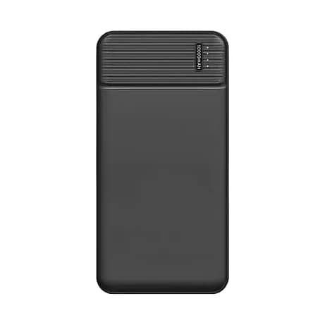promosyon siyah gövdeli 10000 mAh powerbank, üstte dört kademeli şarj göstergesi, önden çekim