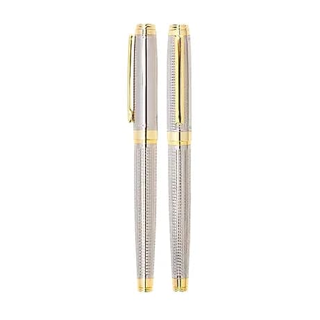 promosyon gümüş metal gövdeli roller kalem, tırtıklı desen ve altın klips, beyaz fon