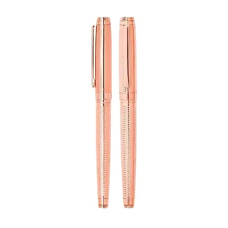 promosyon pembe altın tonlu metal roller kalem, tırtıklı gövde deseni, beyaz fon