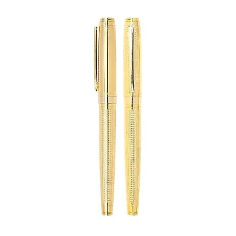 promosyon altın renkli desenli metal roller kalem seti, iki kapaklı kalem, beyaz fon