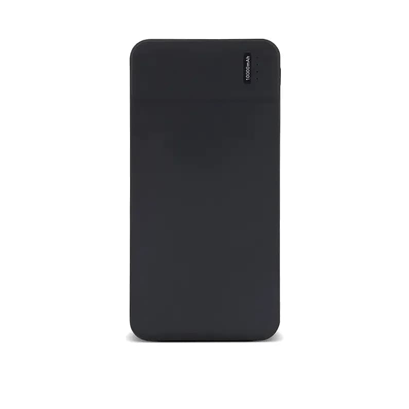 Siyah mat promosyon powerbank, dikey 10000 mAh yazısı ve dört LED