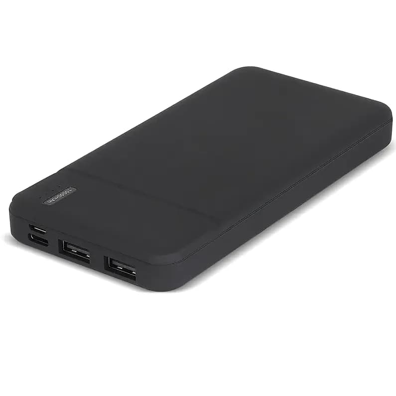 Siyah promosyon powerbank, yan kenarda iki USB çıkışı ve giriş portu