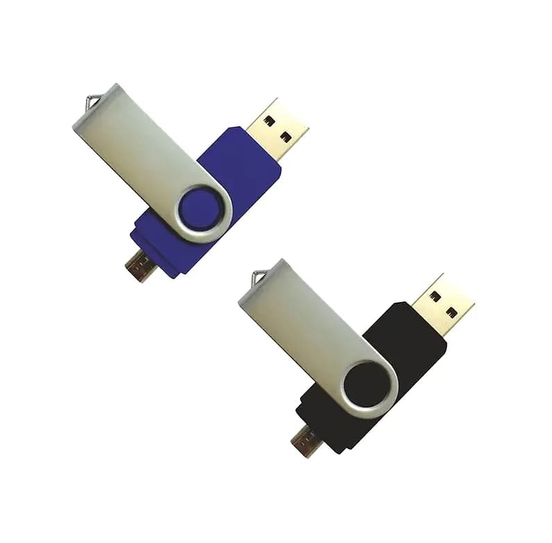 promosyon iki döner kapaklı USB bellek, biri mavi biri siyah gövdeli, gümüş kapaklı, altın uçlu