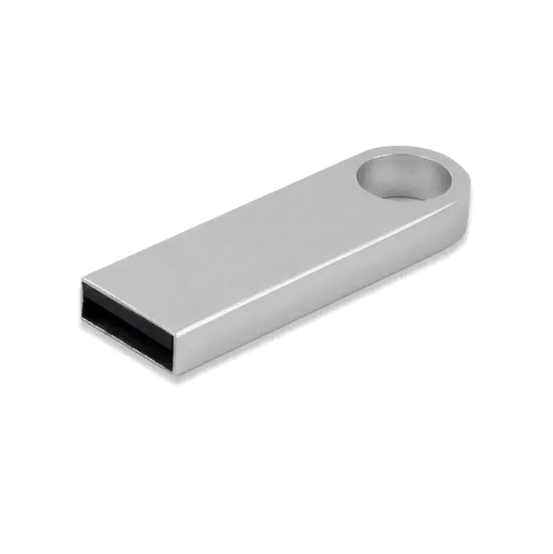 promosyon gümüş metal USB bellek, dikdörtgen gövde, yuvarlak delikli uç, siyah bağlantı, beyaz zemin