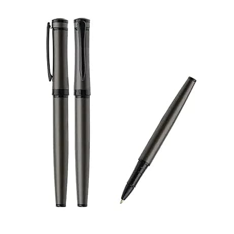promosyon antrasit metal roller kalem, siyah kapaklı ve kapaksız çift görünüm, beyaz fon