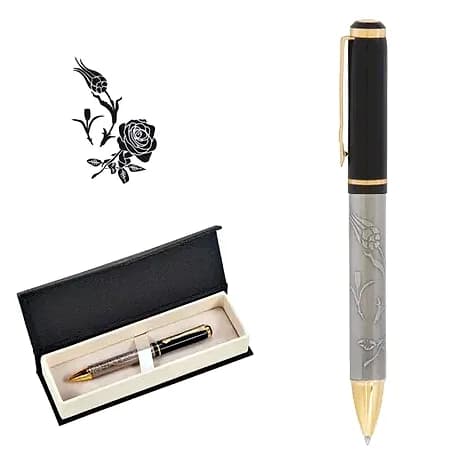 promosyon gül deseni gravürlü metal kalem, siyah altın kapak ve krem içli kutu