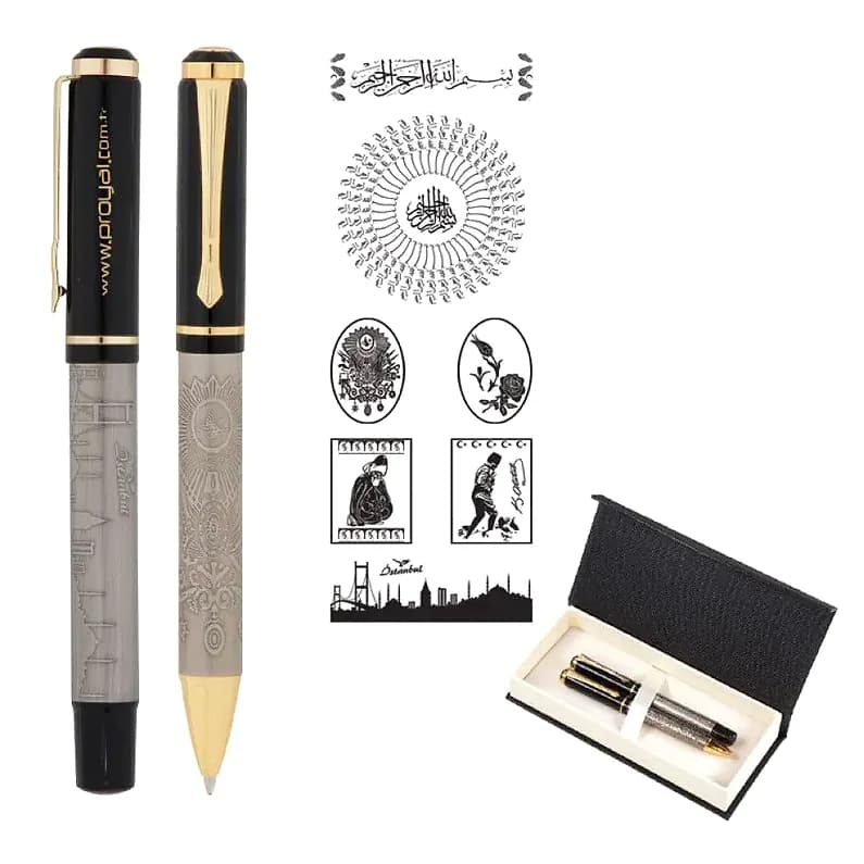 Kabartma Figürlü Metal Roller ve Tükenmez Set — logo baskılı promosyon seçeneği