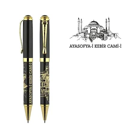 promosyon siyah metal kalem, altın kabartma Ayasofya deseni ve yazısı, beyaz fon