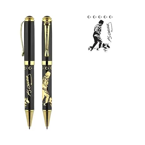 promosyon siyah altın metal kalem, futbolcu figürü ve imza kabartması, beyaz fon