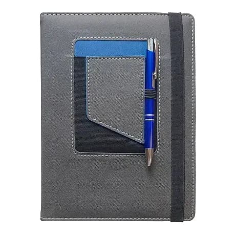 Gri kaplamalı organizer defter, siyah elastik bant ve kalem; ön cepte mavi şerit, promosyon ürünü