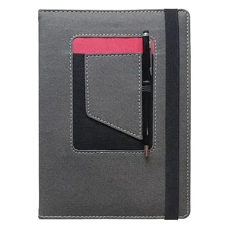 Gri kaplamalı organizer defter, siyah elastik bant ve kalem; ön cepte pembe şerit, promosyon ürünü