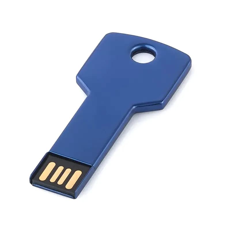 promosyon mavi metalik anahtar şeklinde USB bellek, altın kontaklı ve baskısız