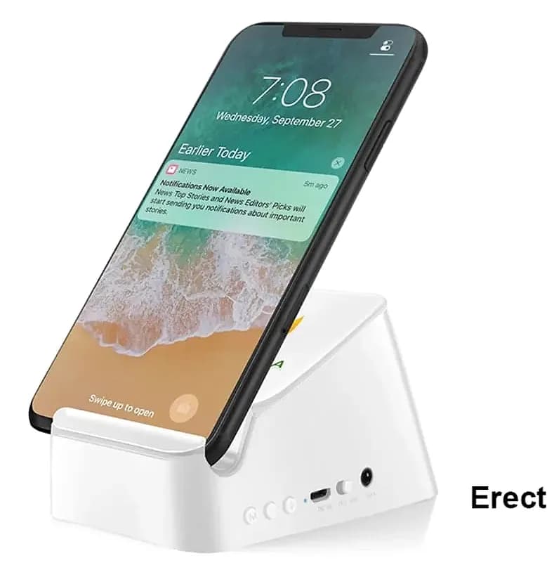 promosyon beyaz masaüstü telefon tutucu, ekranı açık siyah telefon ile birlikte