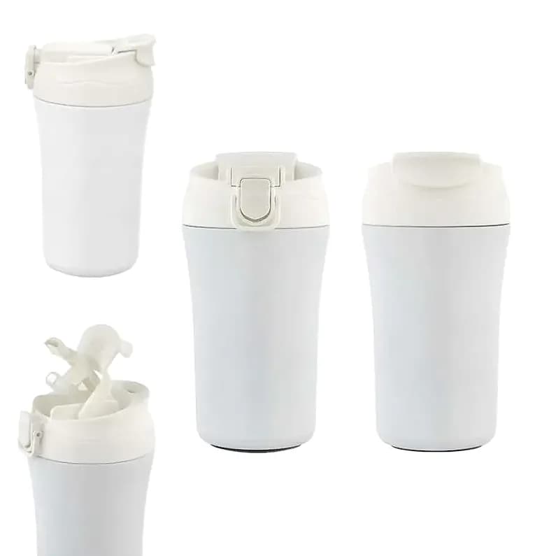 promosyon beyaz termos 400 ml, dört farklı açıdan ve açık kapaklı görünüm