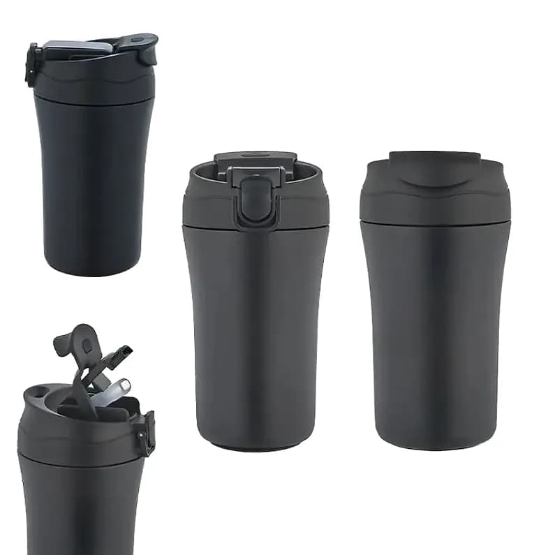 promosyon mat siyah termos 400 ml, dört farklı açıdan görünüm