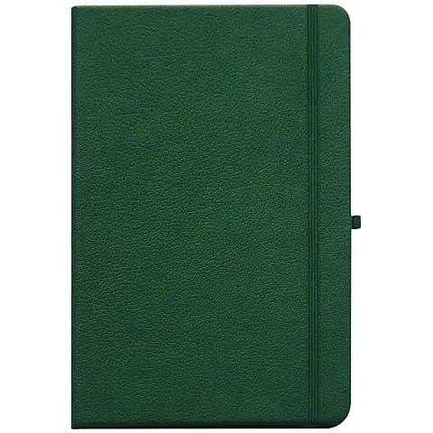 promosyon koyu yeşil deri defter kapağı, siyah kalem halkası ve dikey lastik