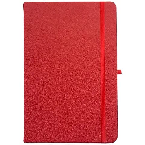 promosyon kırmızı dokulu deri defter kapağı, kırmızı lastik ve kalem halkası
