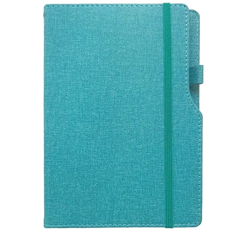 promosyon turkuaz kumaş kaplı defter kılıfı, dikey lastik bant, sağda kalem halkası, dikişli