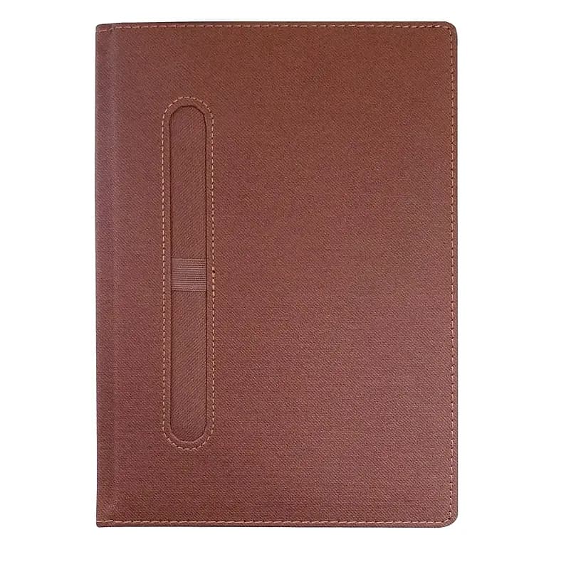 promosyon kahverengi deri görünümlü defter kapağı, dikey kalem halkalı, dikişli, yazısız, beyaz zemin