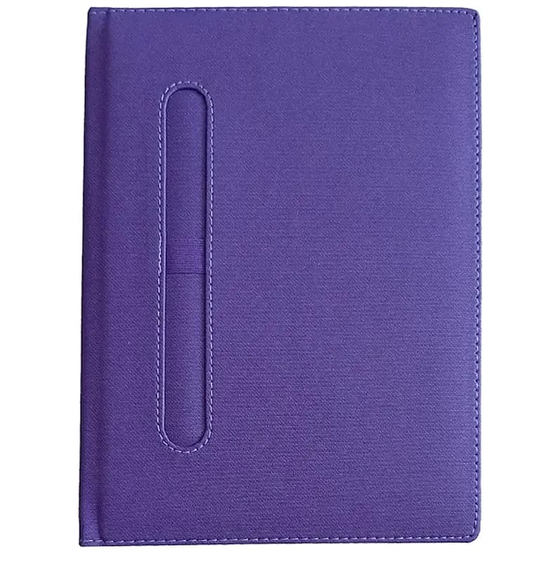 promosyon mor dokulu defter kapağı, dikişli kenar, dikey kalem tutucu, yazısız, beyaz arka plan