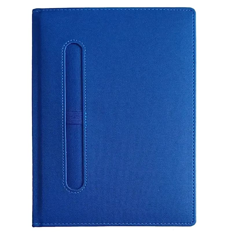 promosyon mavi dikişli defter kapağı, dikey kalem tutucu, tek adet, yazısız, beyaz zemin
