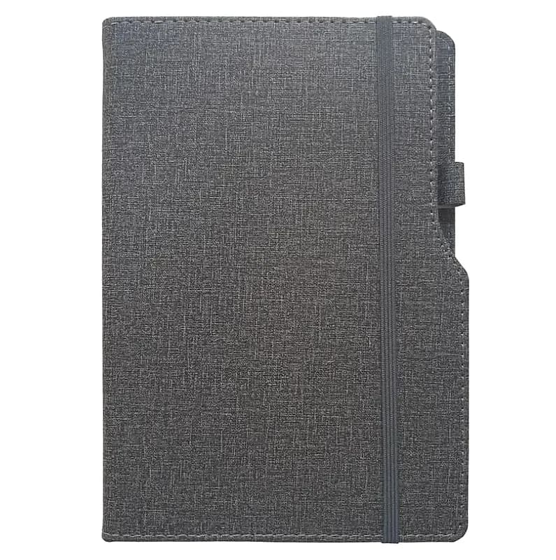 promosyon koyu gri kumaş kaplı defter kılıfı, dikey elastik bant, sağ yanda halka, yazısız