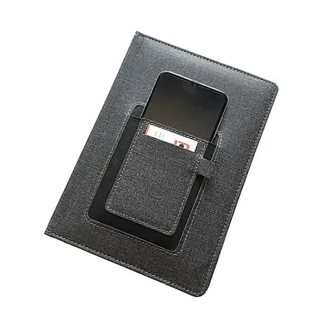 promosyon antrasit suni deri organizer kapak, kare çerçevede telefon görseli, çapraz çekim