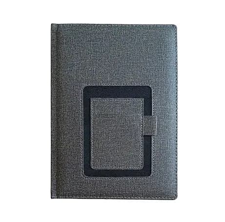 promosyon koyu gri suni deri kapaklı defter, siyah kare çerçeve ve kalem halkası, beyaz fon