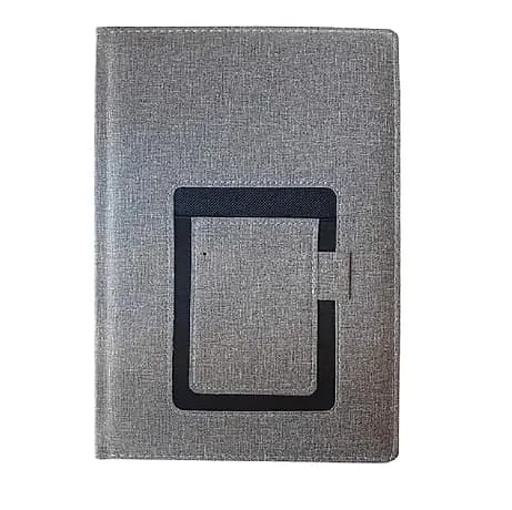 promosyon açık gri suni deri kapaklı defter, siyah kare çerçeve ve kalem halkası, beyaz fon