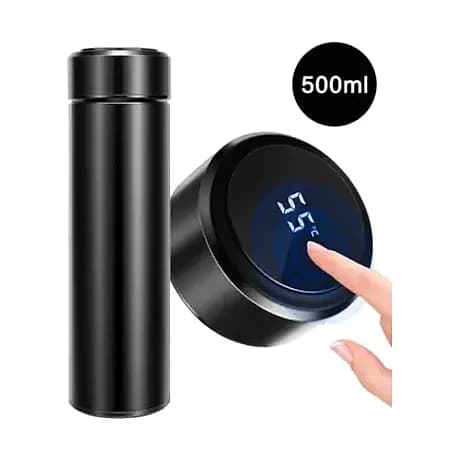 promosyon siyah gövdeli akıllı termos, kapakta sıcaklık gösteren dijital ekran, 500 ml