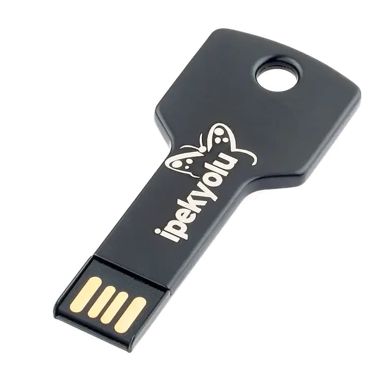 promosyon siyah anahtar şeklinde USB bellek, beyaz kelebek amblem ve yazı baskılı
