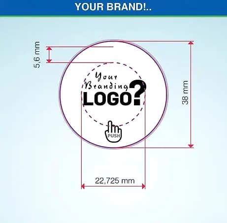 Organik tablet mendil etiket şablonu, mavi beyaz ölçü çizgileri ve logo alanı; promosyon