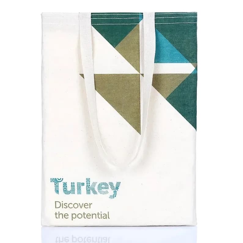 promosyon krem bez çanta, haki ve turkuaz geometrik desen baskılı