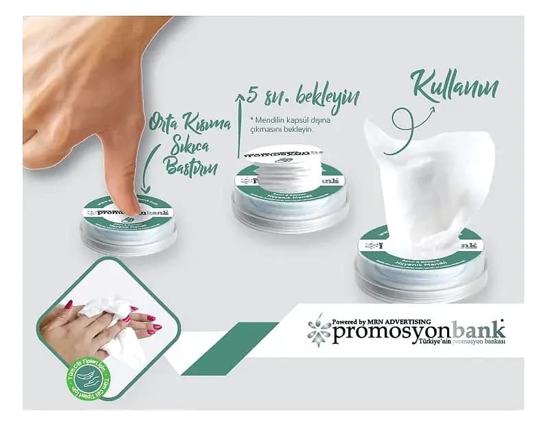 Hijyenik Tablet Mendil, Tek Kullanımlık; promosyon siparişlerinde kurumsal baskı için hazır