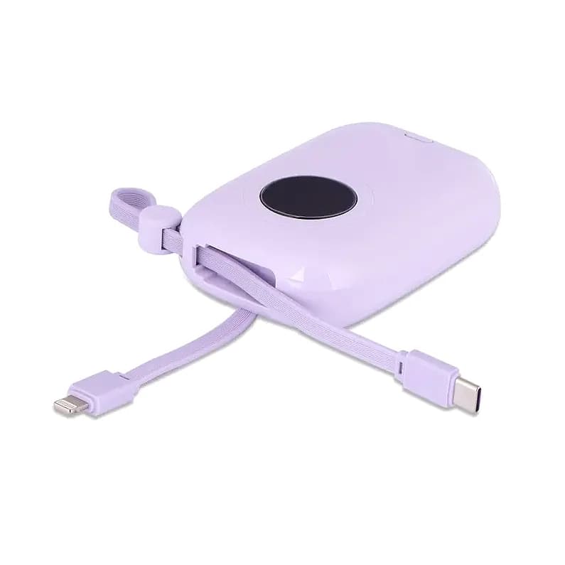 Lila renkli promosyon powerbank, örgülü kablo ve yuvarlak panel