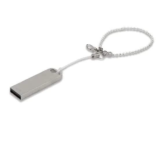 promosyon gümüş ince metal USB bellek, beyaz ip ve bilyeli zincirli anahtarlık