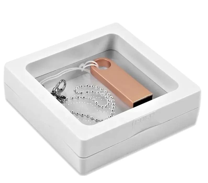 promosyon açık kutu içinde gümüş USB bellek, gri sünger yatak ve model baskısı