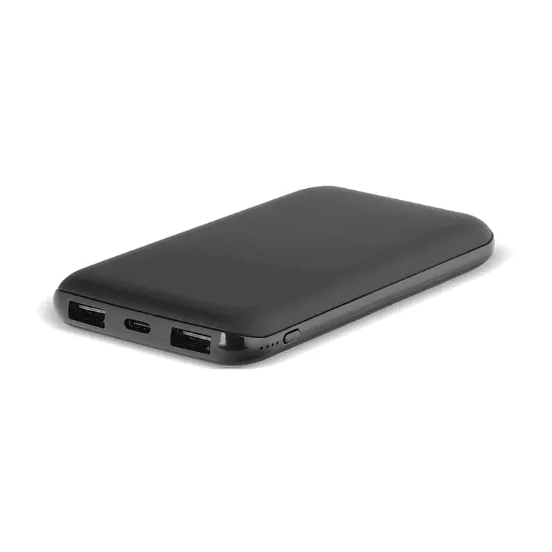 Siyah promosyon powerbank, iki USB çıkışı ve micro USB girişli