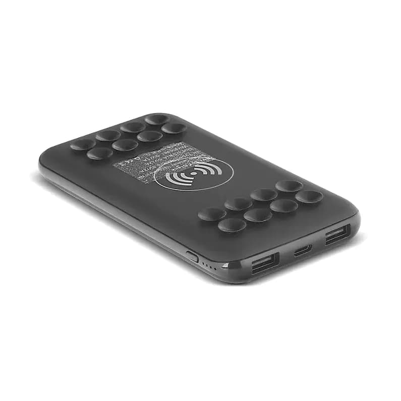 Siyah promosyon powerbank, üst yüzeyde kablosuz şarj simgesi ve vantuzlar