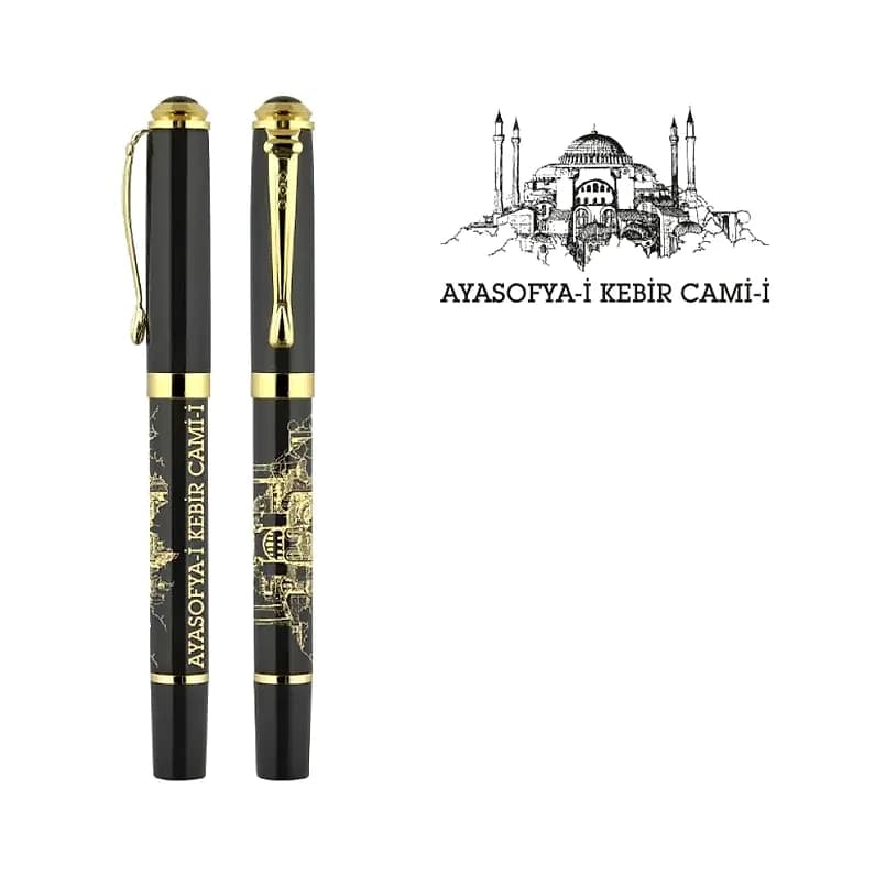Altın Ayasofya figürlü siyah promosyon kalem, altın klips ve halkalar