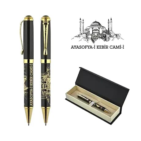 promosyon Ayasofya figürlü kabartmalı metal kalem seti, siyah kapaklı iki kalem