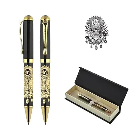 promosyon Osmanlı arması kabartmalı metal kalem seti, altın detaylı iki kalem