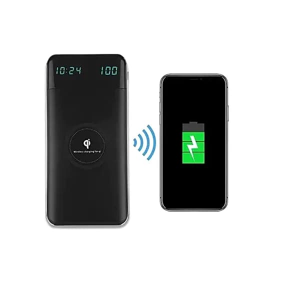 promosyon iki siyah taşınabilir şarj aleti ve telefon, ekranda 10:24 saati, kablosuz şarj simgesi