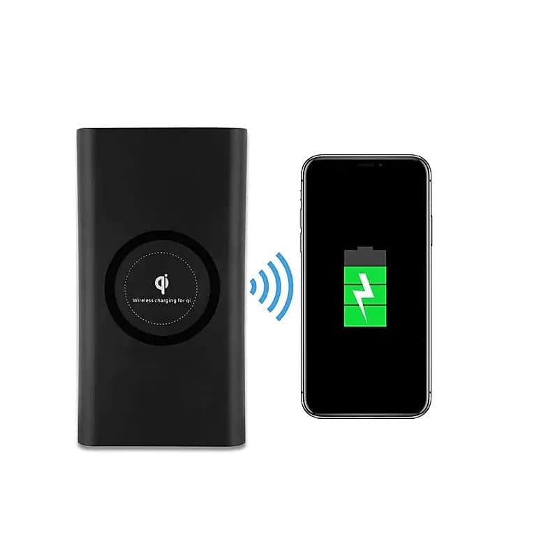 promosyon siyah taşınabilir şarj aleti ve telefon, kablosuz şarj baskısı, yeşil pil göstergesi