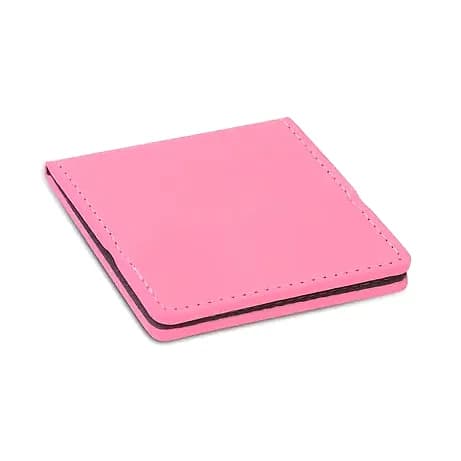 promosyon kare kompakt çelik ayna, pembe mat kapak ve dikişli kenar, beyaz fon