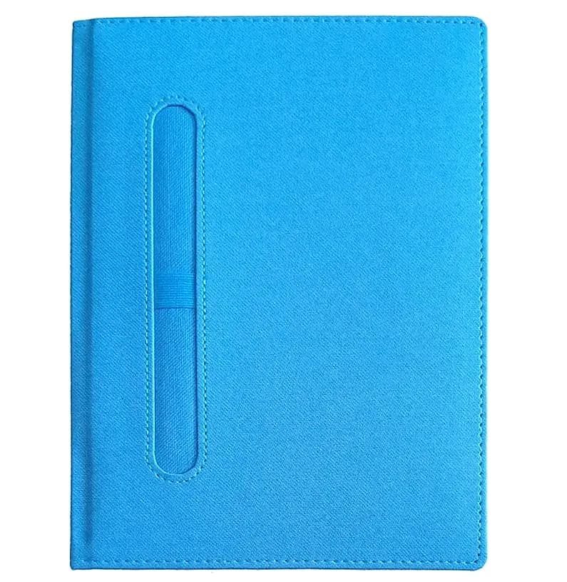 promosyon mavi kumaş dokulu defter kapağı, dikey lastik kalem tutucu, dikişli kenar, yazısız